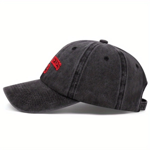 Washed dark grey baseball cap with red Los Angeles 23 embroidery, 45-degree side view