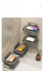 Space aluminum wall-mounted soap dish set showing multi-functional phone holder detail