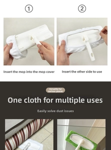 Microfiber mop pad replacements showing installation steps and multi-surface cleaning use