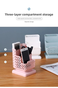 Three-tiered desktop organizer with woven texture and separate storage slots in pastel colors