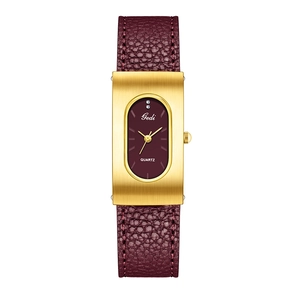 Retro rectangle gold case ladies watch with burgundy leather strap and oval dial design