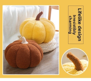 Detail of plush orange pumpkin pillow with soft sherpa texture and realistic stem design