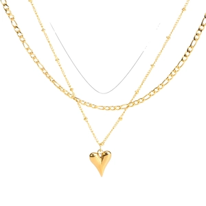 Collana minimalista a doppio strato placcata in oro con catena Figaro e cuore