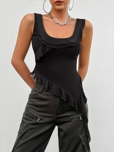 Detail view of black sleeveless U-neck mesh top with ruffle trim and asymmetric hem