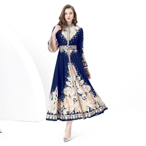 Retro Palace Style Printed Maxi Dress Long Sleeve Stand Collar Button Up A-Line Swing Dress With Belt Polyester