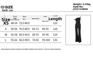 Detailed size chart for the off-shoulder jumpsuit showing bust, waist, hips, and length
