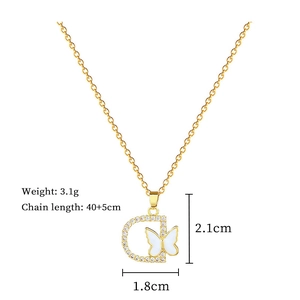Detailed view of D-letter pendant necklace with butterfly and crystal inlay dimensions