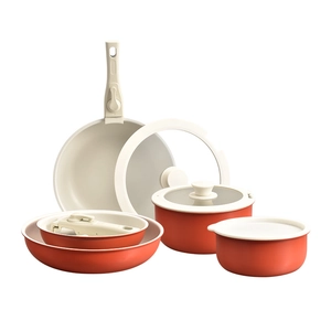 5-piece non-stick cookware set in red and white with detachable handles and glass lids
