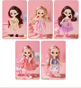Detail view of five poseable princess dolls in colorful dresses and miniature scene
