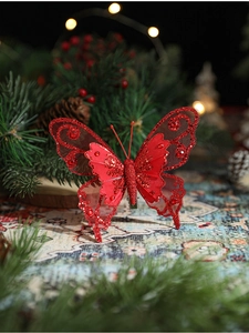 Pince papillon rouge scintillante avec paillettes pour la décoration du sapin de Noël