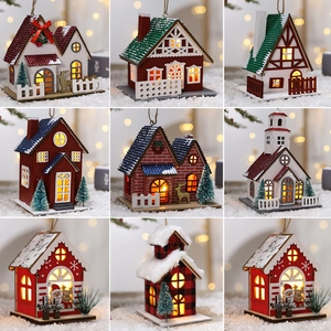 Christmas Luminous Wooden House Miniature Church Ornament LED Light Up Hanging Decoration Snow Scene Wood Holiday Decor