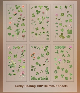 Detail view of 6-sheet vintage floral PET stickers set with botanical clover designs