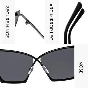 Détails des charnières, branches ergonomiques et plaquettes de nez de lunettes de soleil