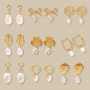 9-pair 18k gold plated stainless steel earring set with freshwater pearls and ginkgo leaf