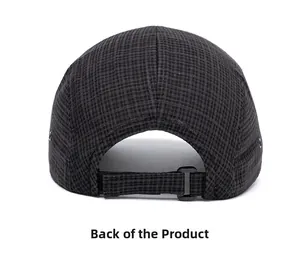 Rear view of grey checkered baseball cap with adjustable strap and black buckle