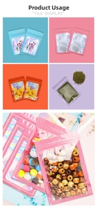Detail view of laser colorful mylar bags with clear window for jewelry and candy storage