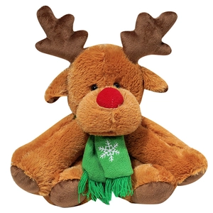 Cute Christmas reindeer plush toy with red nose and green snowflake scarf on white background