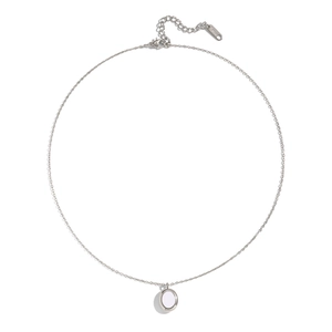 Detail of silver chain necklace with white pearl pendant and lobster clasp on white background