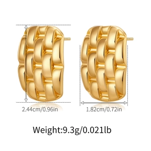 Detailed view of gold plated earrings showing weave texture and measurements 2.44cm by 1.82cm