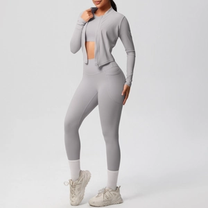 Graues Yoga-Set Dreiteilig mit hoher Taille Leggings mit Seitentaschen und Reißverschlussjacke