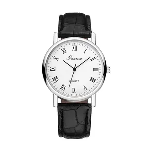 Classic quartz watch with white Roman numeral dial and black leather strap for men