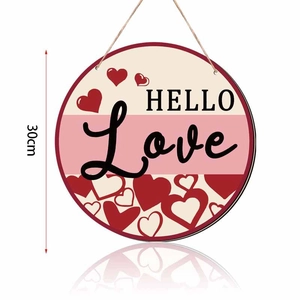 Detail of 30cm wooden Valentine's door hanger with colorful hearts and HELLO Love text