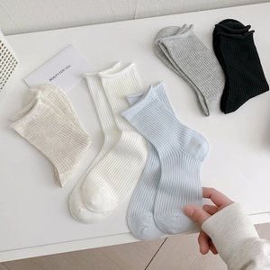 Women Crew Socks Combed Cotton Breathable Ribbed Texture Rolled Edge Solid Color Sweet Casual Slouchy Style