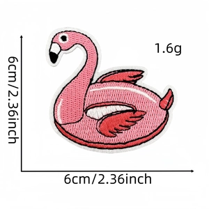 Detail view of 6cm pink flamingo embroidery patch with size and weight specs