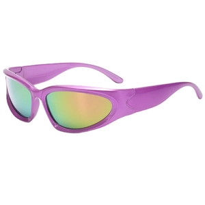 Kids sporty cyberpunk sunglasses with purple frames and iridescent rainbow lenses