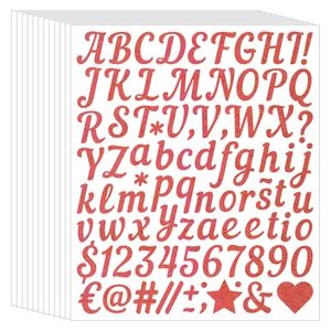 Macro detail of red glitter letter and number stickers for DIY cards and gift decor