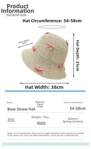 Spécifications de taille pour chapeau en paille beige avec nœud à carreaux roses