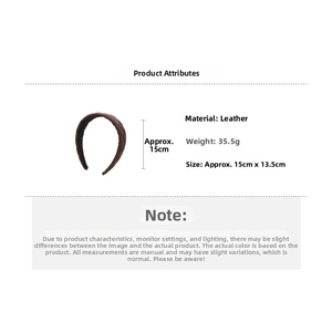 Macro detail of dark brown leather headband with diamond quilted texture and product dimensions