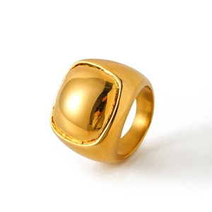 Polished gold titanium steel ring with minimalist square signet design on white background