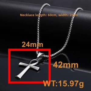 Polished stainless steel Egyptian Ankh cross necklace with dimension markings and box chain