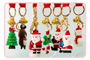 Detail of soft PVC Christmas keychains featuring Santa, reindeer, and snowman charms
