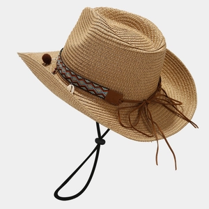 Straw cowboy hat with bohemian shell band and chin strap for beach vacation sun protection