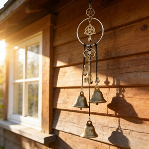 Detailed close-up of witch bells featuring a bronze pentagram and trinity knot on wood