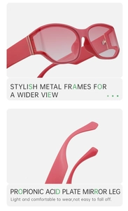 Detail of red oversized wrap sunglasses featuring metal frame and propionic acid temples