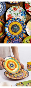 Macro shot of 9-inch colorful bohemian ceramic plates with vibrant floral patterns