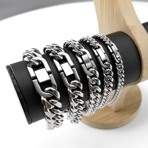 Five styles of chunky stainless steel Cuban link bracelets with geometric square clasps