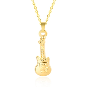 Detailed close-up of golden guitar pendant with fine strings and sleek metal chain
