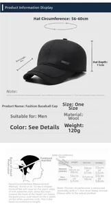 Size chart showing adjustable 56-60cm circumference for men's winter ear-flap baseball cap