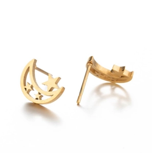 Minimalist gold hollow moon and star stud earrings with a vintage French aesthetic