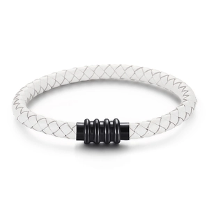 Men's white braided microfiber leather bracelet with black magnetic stainless steel clasp