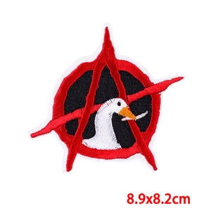 Punk goose embroidery patch with red anarchy symbol and knife detail 8.9x8.2cm