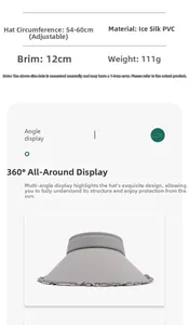 Détail d'une visière pare-soleil en soie glacée, bord de 12cm et taille ajustable
