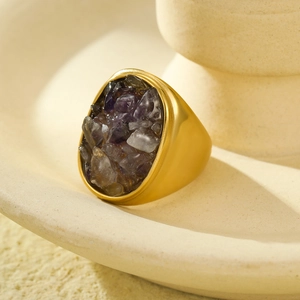 Vintage gold stainless steel geometric ring with purple and grey natural stones inlay