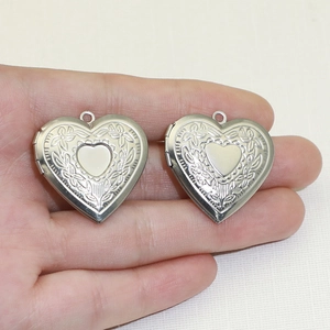 Engraved silver heart locket pendant made of 316 stainless steel for DIY jewelry making