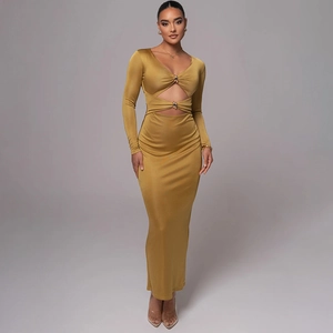 Sexy Maxi Kleid Langarm Satin V Ausschnitt Hollow Out Metallring Beinschlitz Eng Anliegend Elegant Damen