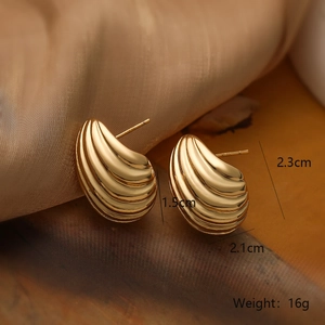 Detailed view of gold spiral teardrop earrings with dimensions and weight specs